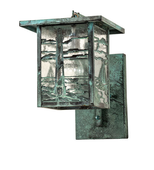 Meyda Lighting Hyde Park 9" Verdigris Lighthouse Curved Arm Wall Sconce With Clear Seeded Shade Glass