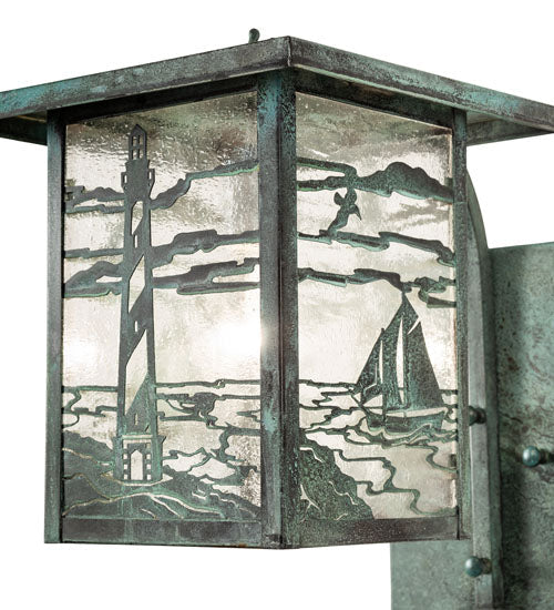 Meyda Lighting Hyde Park 9" Verdigris Lighthouse Curved Arm Wall Sconce With Clear Seeded Shade Glass