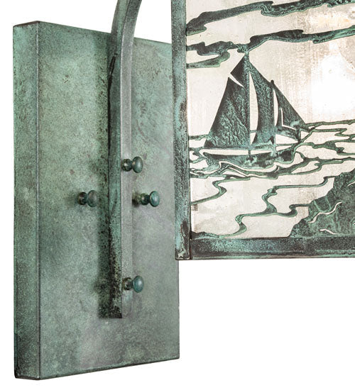 Meyda Lighting Hyde Park 9" Verdigris Lighthouse Curved Arm Wall Sconce With Clear Seeded Shade Glass