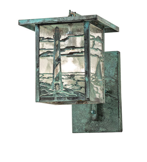 Meyda Lighting Hyde Park 9" Verdigris Lighthouse Curved Arm Wall Sconce With Clear Seeded Shade Glass