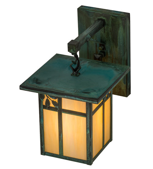 Meyda Lighting Hyde Park 9" Verdigris Sprig Hanging Wall Sconce With Beige Iridescent Shade Glass