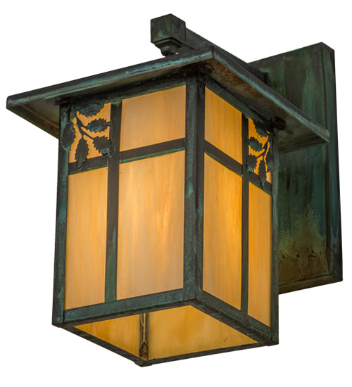 Meyda Lighting Hyde Park 9" Verdigris Sprig Hanging Wall Sconce With Beige Iridescent Shade Glass