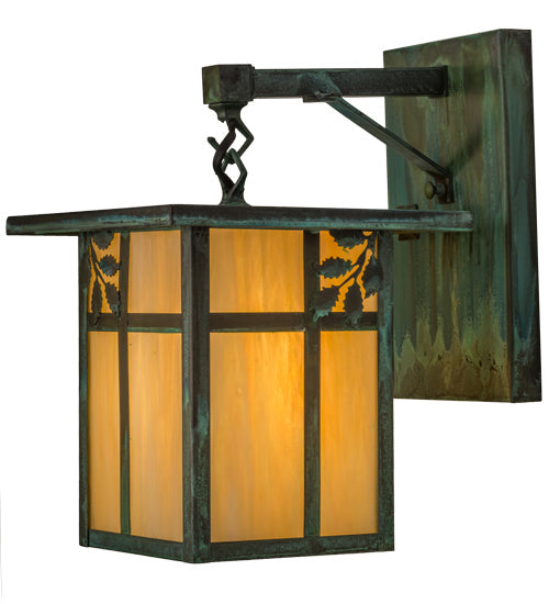 Meyda Lighting Hyde Park 9" Verdigris Sprig Hanging Wall Sconce With Beige Iridescent Shade Glass