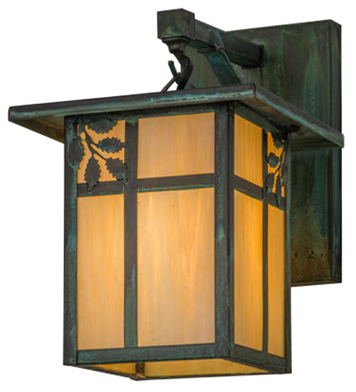 Meyda Lighting Hyde Park 9" Verdigris Sprig Hanging Wall Sconce With Beige Iridescent Shade Glass