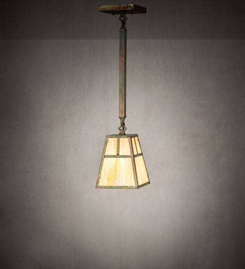 Meyda Lighting Hyde Park 9" Verdigris "T" Mission Mini Pendant Light With Beige Iridescent Shade Glass