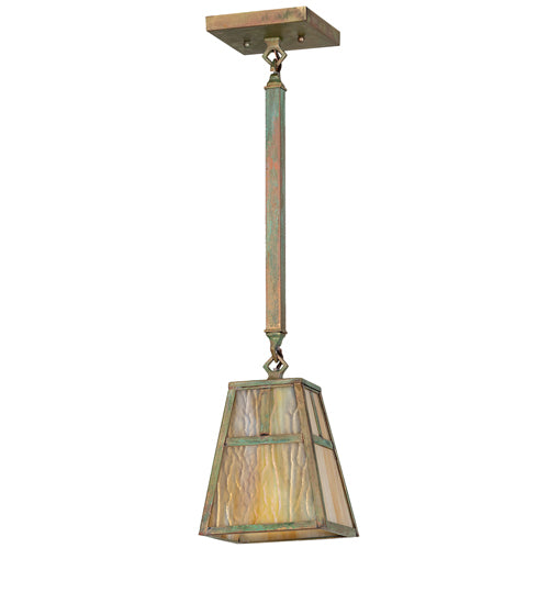 Meyda Lighting Hyde Park 9" Verdigris "T" Mission Mini Pendant Light With Beige Iridescent Shade Glass