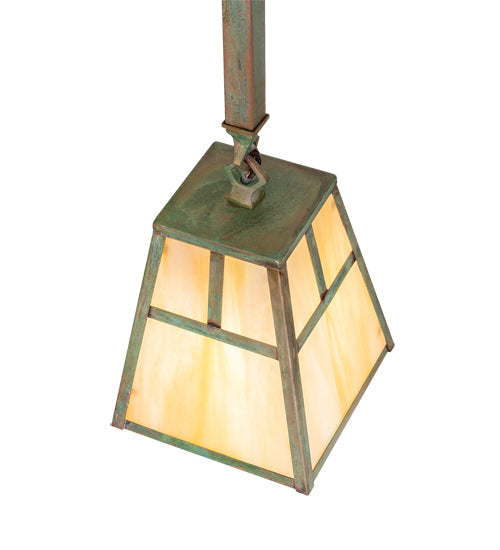 Meyda Lighting Hyde Park 9" Verdigris "T" Mission Mini Pendant Light With Beige Iridescent Shade Glass