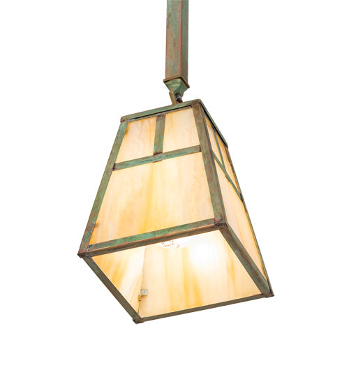 Meyda Lighting Hyde Park 9" Verdigris "T" Mission Mini Pendant Light With Beige Iridescent Shade Glass