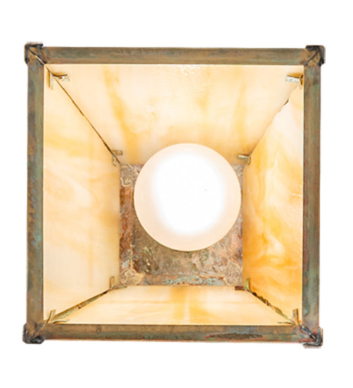 Meyda Lighting Hyde Park 9" Verdigris "T" Mission Mini Pendant Light With Beige Iridescent Shade Glass
