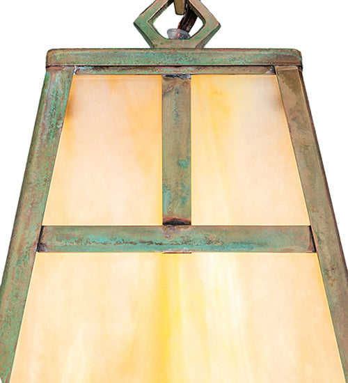 Meyda Lighting Hyde Park 9" Verdigris "T" Mission Mini Pendant Light With Beige Iridescent Shade Glass