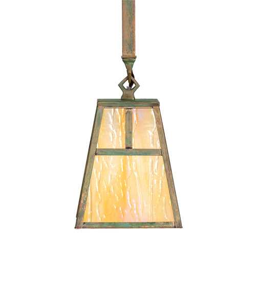Meyda Lighting Hyde Park 9" Verdigris "T" Mission Mini Pendant Light With Beige Iridescent Shade Glass