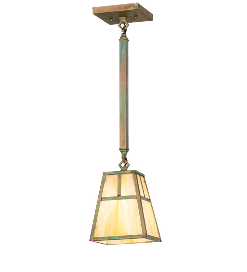 Meyda Lighting Hyde Park 9" Verdigris "T" Mission Mini Pendant Light With Beige Iridescent Shade Glass