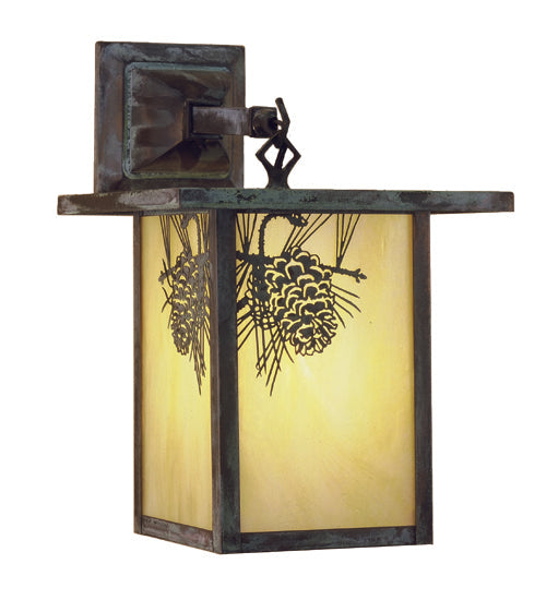 Meyda Lighting Hyde Park 9" Verdigris Winter Pine Hanging Wall Sconce With Beige Iridized Shade Glass