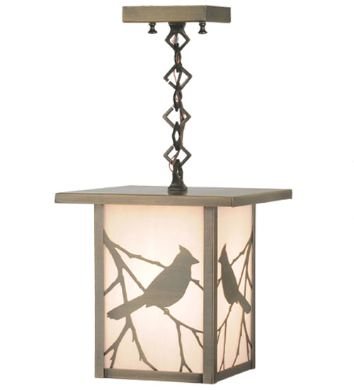 Meyda Lighting Hyde Park 9"Sq Antique Brass Song Bird Ceiling Mini Pendant Light With White Art Shade Glass