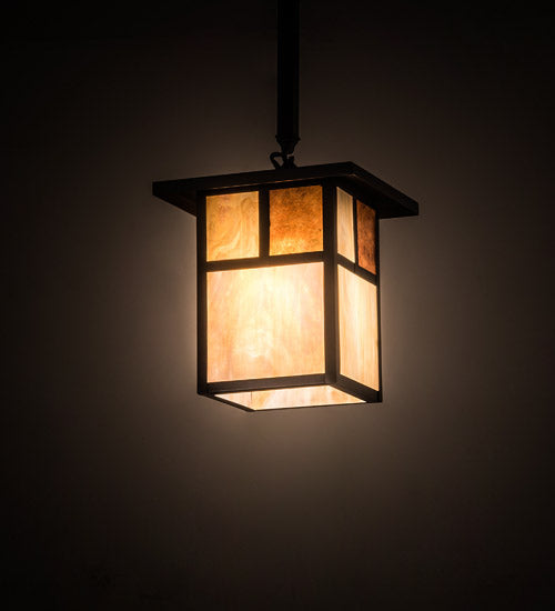 Meyda Lighting Hyde Park 9"Sq Craftsman Brown "T" Mission Pendant Light With Beige Iridescent Glass & Amber Mica Shade