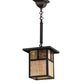 Meyda Lighting Hyde Park 9"Sq Craftsman Brown "T" Mission Pendant Light With Beige Iridescent Glass & Amber Mica Shade