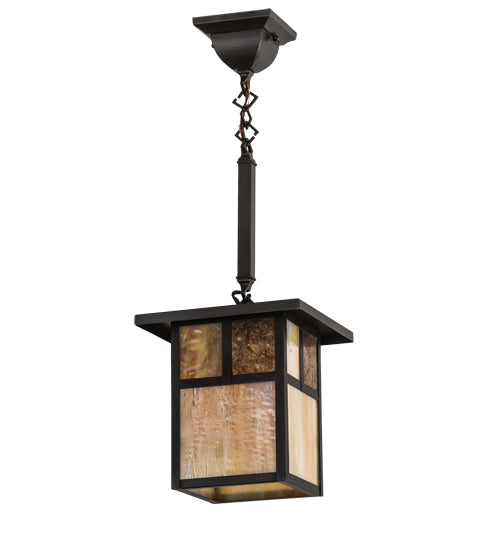 Meyda Lighting Hyde Park 9"Sq Craftsman Brown "T" Mission Pendant Light With Beige Iridescent Glass & Amber Mica Shade