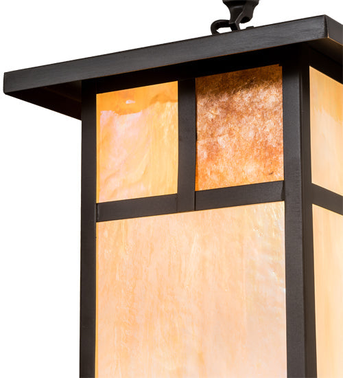 Meyda Lighting Hyde Park 9"Sq Craftsman Brown "T" Mission Pendant Light With Beige Iridescent Glass & Amber Mica Shade