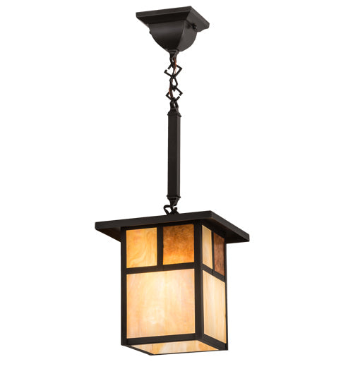 Meyda Lighting Hyde Park 9"Sq Craftsman Brown "T" Mission Pendant Light With Beige Iridescent Glass & Amber Mica Shade