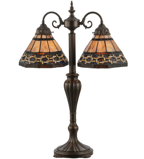 Meyda Lighting Ilona 28" 2-Light Mahogany Bronze Table Lamp With Multi-Colored Shade Glass