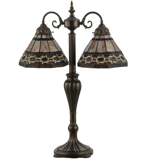 Meyda Lighting Ilona 28" 2-Light Mahogany Bronze Table Lamp With Multi-Colored Shade Glass