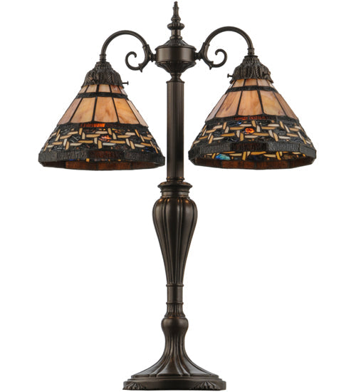 Meyda Lighting Ilona 28" 2-Light Mahogany Bronze Table Lamp With Multi-Colored Shade Glass