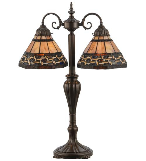Meyda Lighting Ilona 28" 2-Light Mahogany Bronze Table Lamp With Multi-Colored Shade Glass