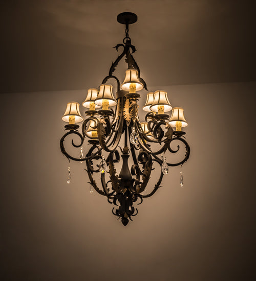 Meyda Lighting Ingrid 36" 9-Light Timeless Bronze & Gold Accents Chandelier With Cream Textrene Trumpet Shade