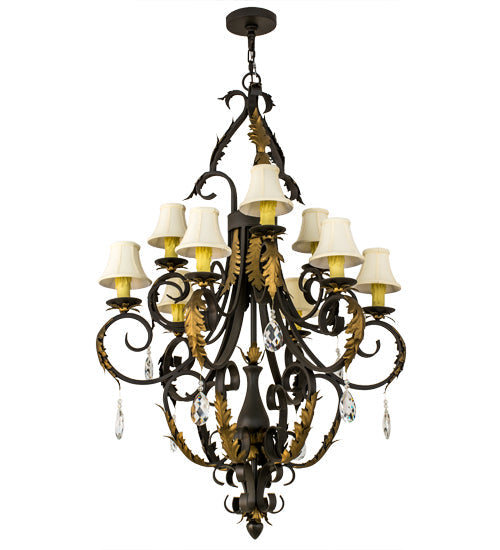 Meyda Lighting Ingrid 36" 9-Light Timeless Bronze & Gold Accents Chandelier With Cream Textrene Trumpet Shade