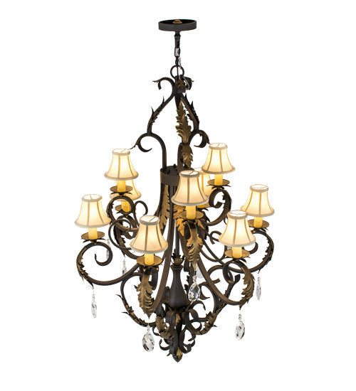 Meyda Lighting Ingrid 36" 9-Light Timeless Bronze & Gold Accents Chandelier With Cream Textrene Trumpet Shade