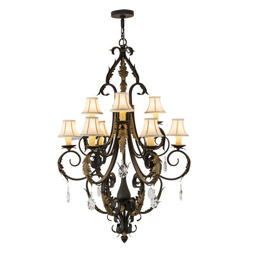 Meyda Lighting Ingrid 36" 9-Light Timeless Bronze & Gold Accents Chandelier With Cream Textrene Trumpet Shade