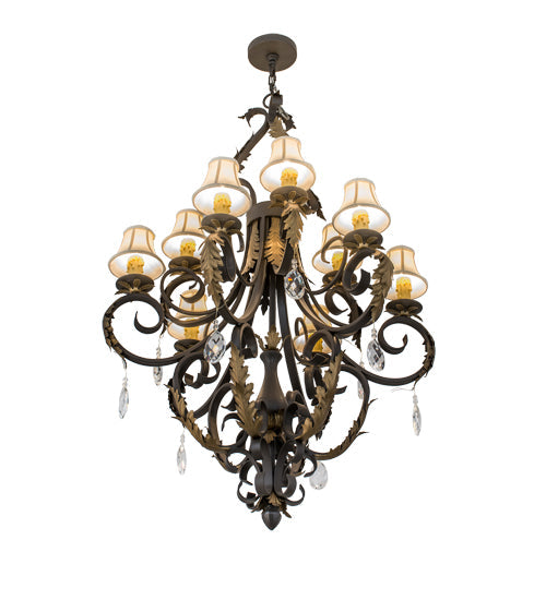 Meyda Lighting Ingrid 36" 9-Light Timeless Bronze & Gold Accents Chandelier With Cream Textrene Trumpet Shade