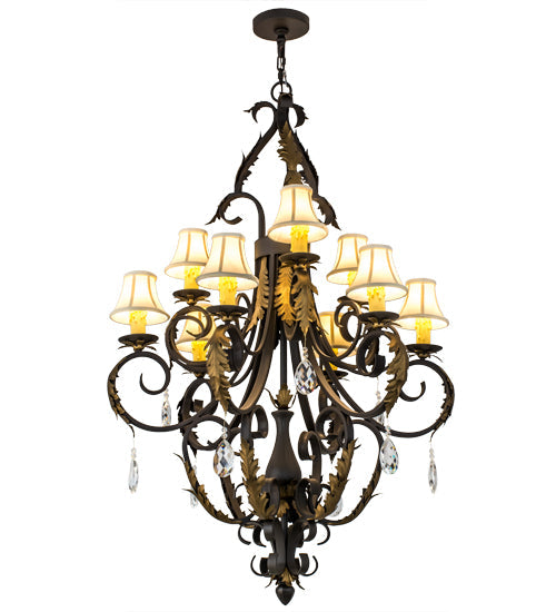 Meyda Lighting Ingrid 36" 9-Light Timeless Bronze & Gold Accents Chandelier With Cream Textrene Trumpet Shade