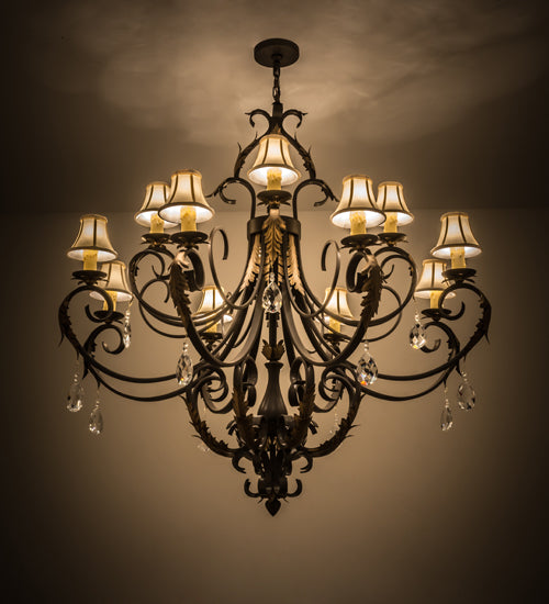 Meyda Lighting Ingrid 54" 12-Light Timeless Bronze & Gold Accents Chandelier With Cream Textrene Trumpet Shade