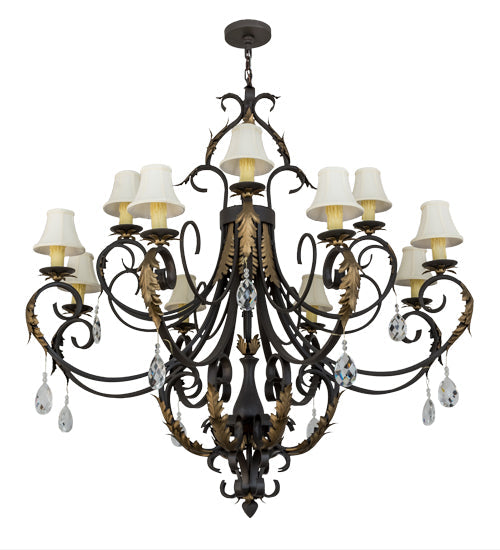 Meyda Lighting Ingrid 54" 12-Light Timeless Bronze & Gold Accents Chandelier With Cream Textrene Trumpet Shade