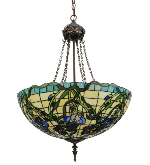 Meyda Lighting Iris 22" 3-Light Mahogany Bronze Inverted Pendant Light With Multi-Colored Shade Glass