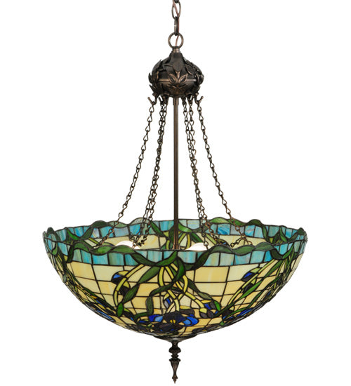 Meyda Lighting Iris 22" 3-Light Mahogany Bronze Inverted Pendant Light With Multi-Colored Shade Glass