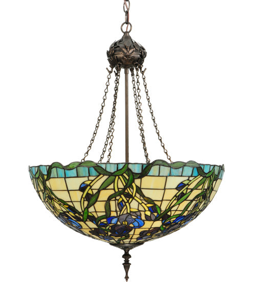 Meyda Lighting Iris 22" 3-Light Mahogany Bronze Inverted Pendant Light With Multi-Colored Shade Glass