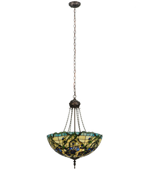 Meyda Lighting Iris 22" 3-Light Mahogany Bronze Inverted Pendant Light With Multi-Colored Shade Glass