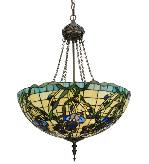 Meyda Lighting Iris 22" 3-Light Mahogany Bronze Inverted Pendant Light With Multi-Colored Shade Glass