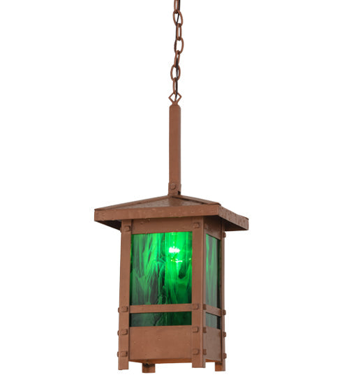 Meyda Lighting Irwindale 17" Copper Metallic Lantern Pendant Light With Green Opal Shade Glass