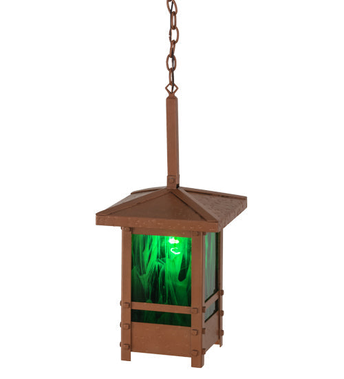 Meyda Lighting Irwindale 17" Copper Metallic Lantern Pendant Light With Green Opal Shade Glass