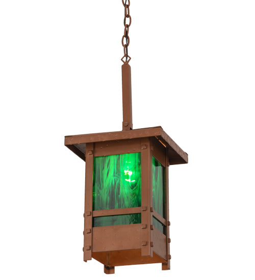 Meyda Lighting Irwindale 17" Copper Metallic Lantern Pendant Light With Green Opal Shade Glass