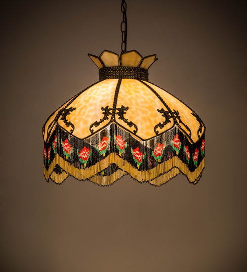 Meyda Lighting Isabella 21" 3-Light Craftsman Brown Pendant Light With Beige Art Glass & Fringe Shade