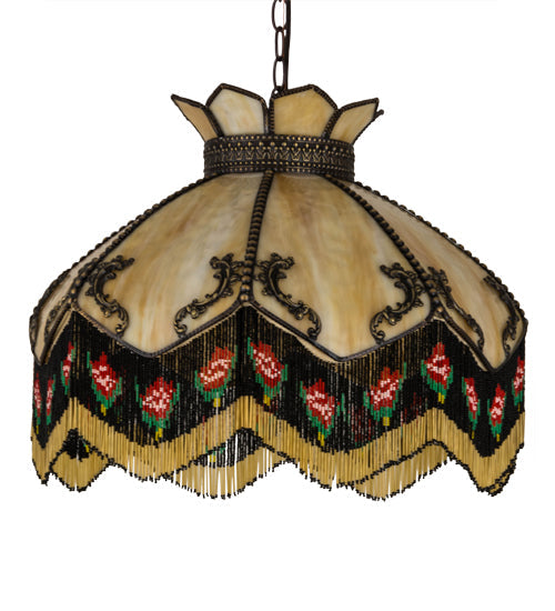 Meyda Lighting Isabella 21" 3-Light Craftsman Brown Pendant Light With Beige Art Glass & Fringe Shade