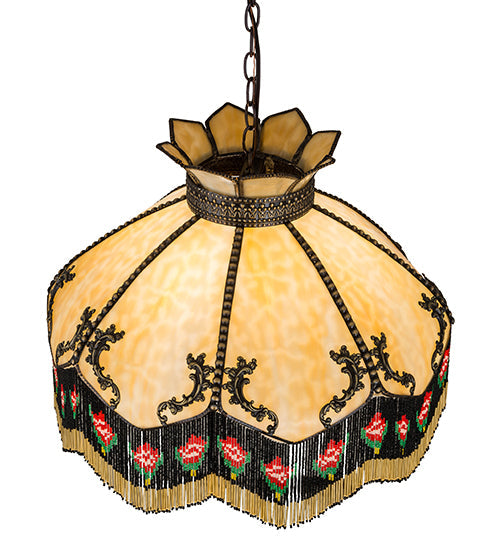 Meyda Lighting Isabella 21" 3-Light Craftsman Brown Pendant Light With Beige Art Glass & Fringe Shade