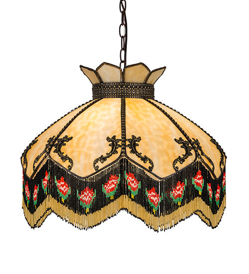 Meyda Lighting Isabella 21" 3-Light Craftsman Brown Pendant Light With Beige Art Glass & Fringe Shade