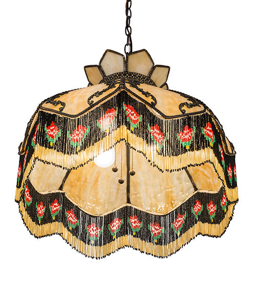 Meyda Lighting Isabella 21" 3-Light Craftsman Brown Pendant Light With Beige Art Glass & Fringe Shade