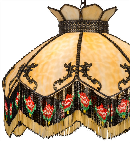 Meyda Lighting Isabella 21" 3-Light Craftsman Brown Pendant Light With Beige Art Glass & Fringe Shade