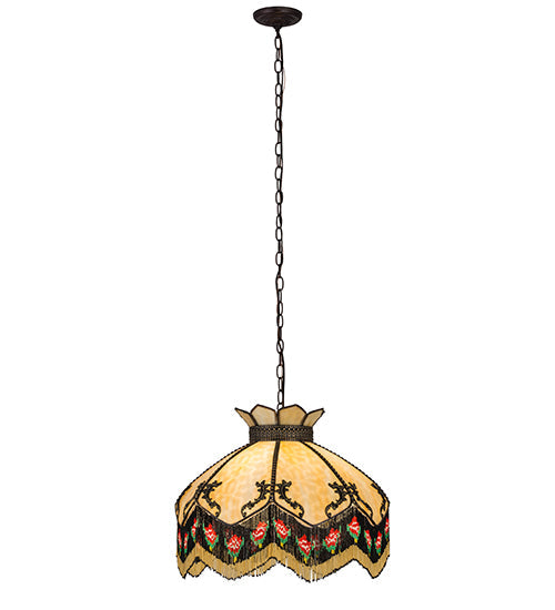 Meyda Lighting Isabella 21" 3-Light Craftsman Brown Pendant Light With Beige Art Glass & Fringe Shade